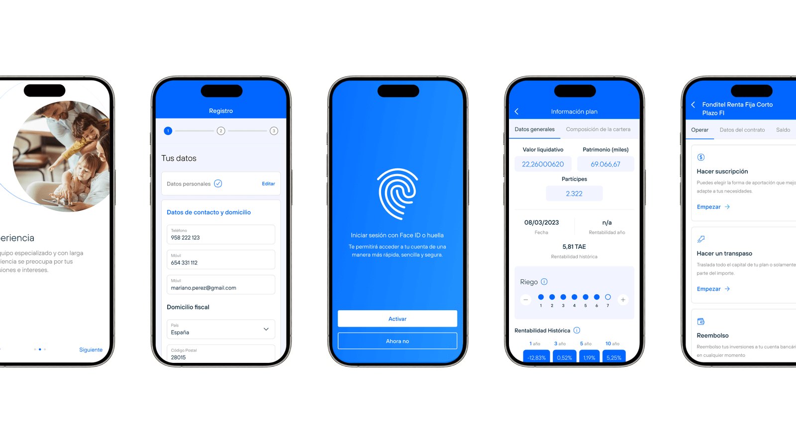 Cinco pantallas de la app Fonditel: onboarding, registro, biometría, plan y operaciones.