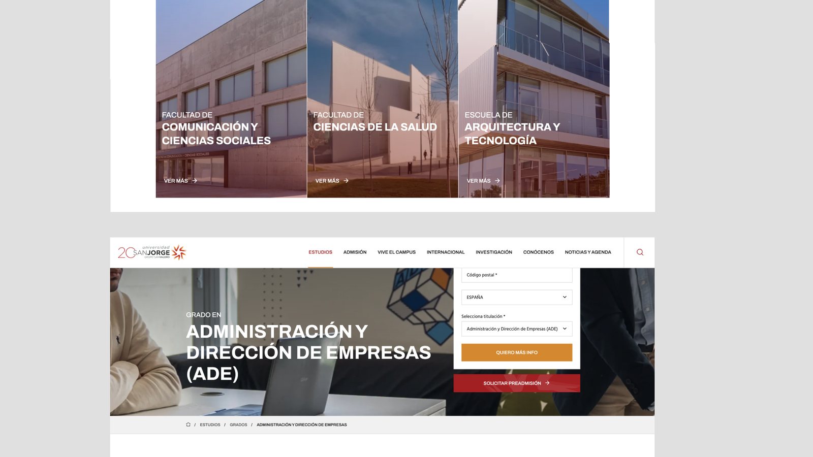 Facultades de Comunicación, Salud y Arquitectura en la propuesta web.